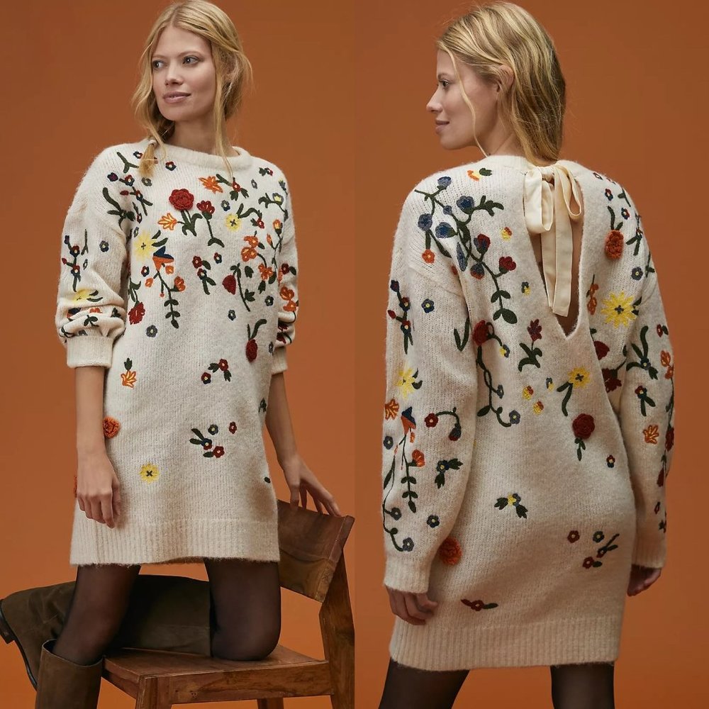 ANTHROPOLOGIE Floral Appliqued Sweater Tunic Dress